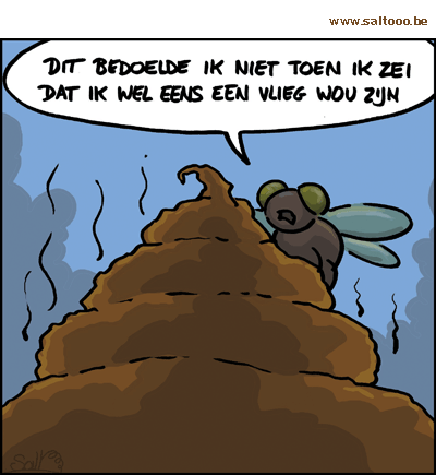 Thema van de cartoon op deze pagina: Mensen willen soms graag eens een vlieg zijn, klik op de cartoon om naar de volgende te gaan