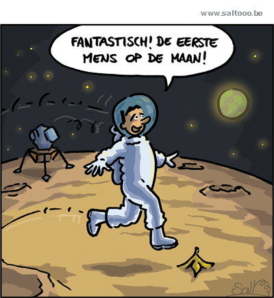 Thema van de cartoon op deze pagina: Fantastisch de eerste man op de maan te zijn, klik op de cartoon om naar de volgende te gaan
