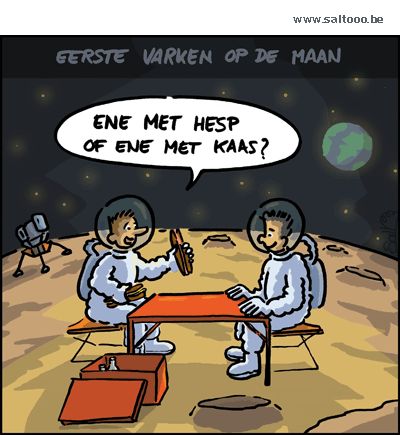 Thema van de cartoon op deze pagina: Het eerste varken op de maan, klik op de cartoon om naar de volgende te gaan