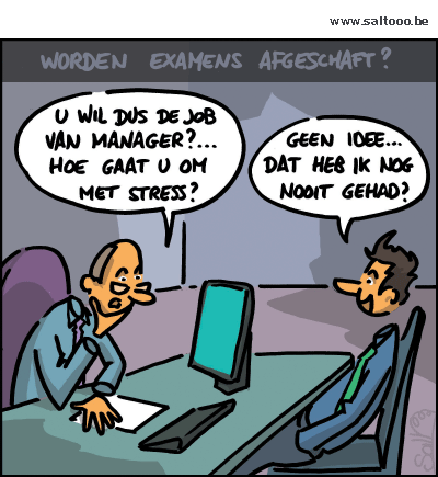 Thema van de cartoon op deze pagina: Het onderwijs denkt eraan of examens af te schaffen, klik op de cartoon om naar de volgende te gaan