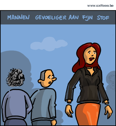 Thema van de cartoon op deze pagina: Mannen zijn gevoeliger voor fijn stof dan vrouwen, klik op de cartoon om naar de volgende te gaan