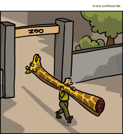 Thema van de cartoon op deze pagina: In de zoo van Kopenhagen is de giraf Marius afgeslacht, klik op de cartoon om naar de volgende te gaan
