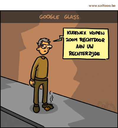 Thema van de cartoon op deze pagina: Is google glass een gadget of een wissel op de toekomst, klik op de cartoon om naar de volgende te gaan