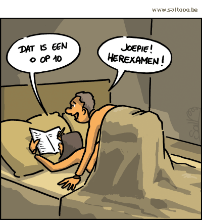 Thema van de cartoon op deze pagina: Bij onvoldoende punten volgt in eerste instantie een herexamen, klik op de cartoon om naar de volgende te gaan