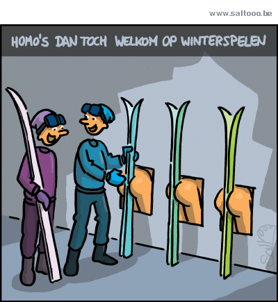 Thema van de cartoon op deze pagina: Homo's zijn dan toch welkom op de olympische winterspelen in Sochi, klik op de cartoon om naar de volgende te gaan