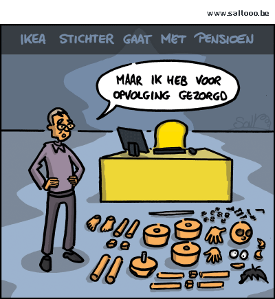 Thema van de cartoon op deze pagina: Stichter Ingvar Kamprad neemt afscheid van Ikea, klik op de cartoon om naar de volgende te gaan