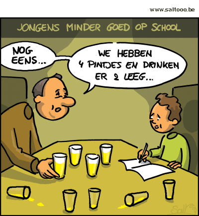 Thema van de cartoon op deze pagina: Jongens blijken slechter op school en de ouders hebben daar schuld aan, klik op de cartoon om naar de volgende te gaan