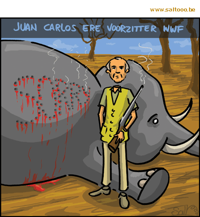 Thema van de cartoon op deze pagina: Juan Carlos, ere voorzitter van WWF, gaat op jacht in afrika, klik op de cartoon om naar de volgende te gaan
