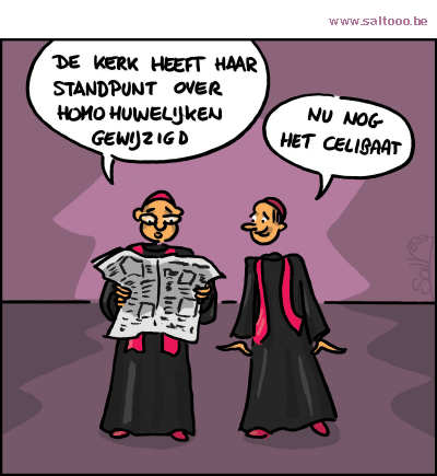 Thema van de cartoon op deze pagina: De kerk is veranderd in het standpunt tegenover het homohuwelijk, klik op de cartoon om naar de volgende te gaan