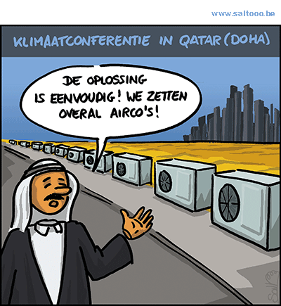 Thema van de cartoon op deze pagina: De klimaatconferentie van 2012 gaat door in Doha (Qatar), klik op de cartoon om naar de volgende te gaan