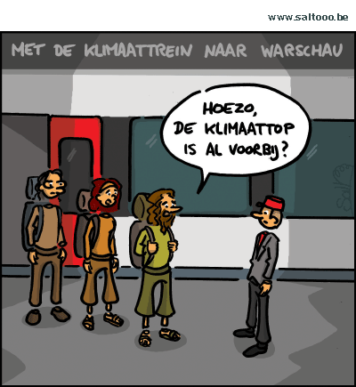 Thema van de cartoon op deze pagina: Met de klimaattrein op weg naar Warschau, klik op de cartoon om naar de volgende te gaan