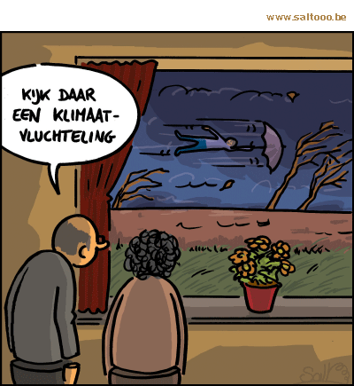 Thema van de cartoon op deze pagina: De eerste klimaatvluchtelingen staan klaar om asiel te vragen, klik op de cartoon om naar de volgende te gaan