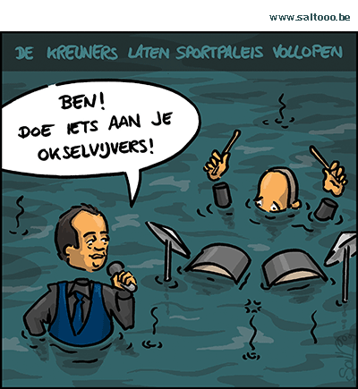 Thema van de cartoon op deze pagina: De Kreuners nemen afscheid en laten het sportpaleis vollopen, klik op de cartoon om naar de volgende te gaan