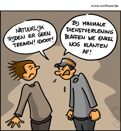 Thema van de cartoon op deze pagina: Minimale dienstverlening bij spoorstakingen kan toch niet zo moeilijk zijn, klik op de cartoon om naar de volgende te gaan