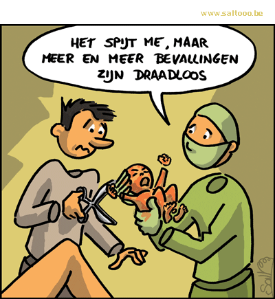 Thema van de cartoon op deze pagina: Ook bevallen verandert doorheen de tijd, klik op de cartoon om naar de volgende te gaan