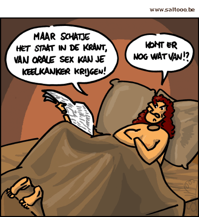 Thema van de cartoon op deze pagina: Stijdend aantal mensen met keelkanker door orale sex, klik op de cartoon om naar de volgende te gaan