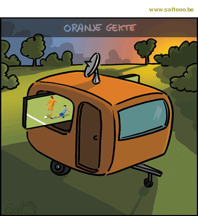 Thema van de cartoon op deze pagina: In Nederland is de voetbalkoorts of oranjegekte steeds enorm, klik op de cartoon om naar de volgende te gaan