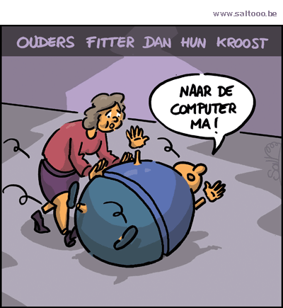 Thema van de cartoon op deze pagina: Ouders voor het eerst fitter dan hun kroost, klik op de cartoon om naar de volgende te gaan