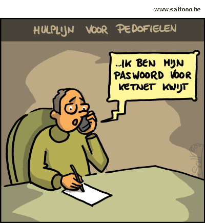 Thema van de cartoon op deze pagina: Ook pedofielen hebben een hulplijn, klik op de cartoon om naar de volgende te gaan