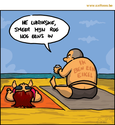 Thema van de cartoon op deze pagina: De zon slaat steeds harder toe, dus op tijd insmeren, klik op de cartoon om naar de volgende te gaan