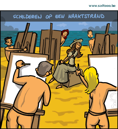 Thema van de cartoon op deze pagina: Schilderen naar model op een naaktstrand, klik op de cartoon om naar de volgende te gaan