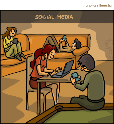 Thema van de cartoon op deze pagina: Zijn social media wel zo sociaal, klik op de cartoon om naar de volgende te gaan