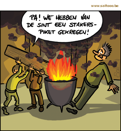 Thema van de cartoon op deze pagina: Ondanks de staking deelt de sint op 6 december zijn kadootjes uit, klik op de cartoon om naar de volgende te gaan