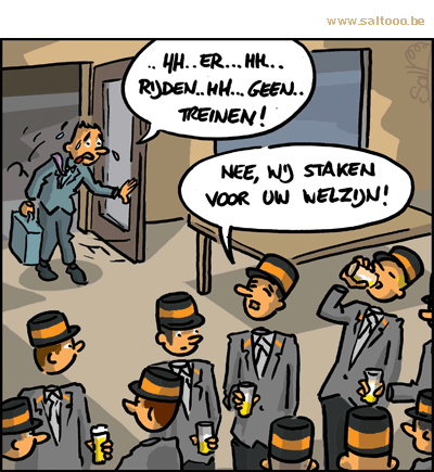 Thema van de cartoon op deze pagina: Elke staking van de spoorwegen gijzelt de reizigers, klik op de cartoon om naar de volgende te gaan