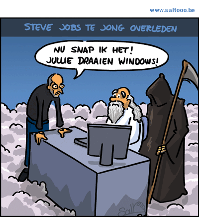 Thema van de cartoon op deze pagina: Charismatisch leider Steve Jobs komt aan in de hemel, klik op de cartoon om naar de volgende te gaan