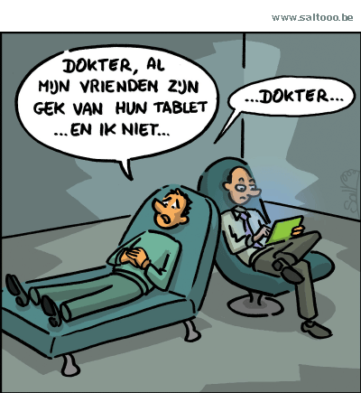 Thema van de cartoon op deze pagina: Is iedereen tegenwoordig in de ban van de tablet, klik op de cartoon om naar de volgende te gaan