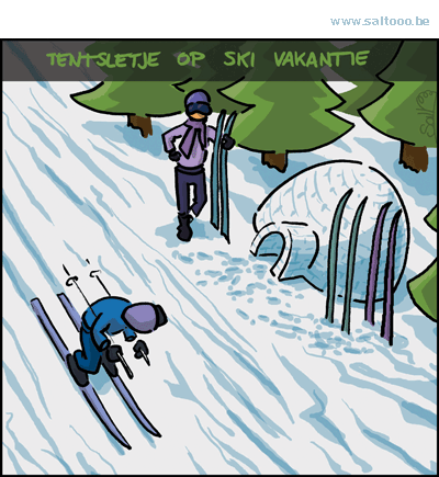Thema van de cartoon op deze pagina: Een tentsletje gaat in de winter op skivakantie, klik op de cartoon om naar de volgende te gaan