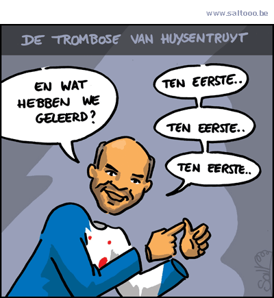 Thema van de cartoon op deze pagina: Piet Huysentruyt heeft te maken met een trombose, klik op de cartoon om naar de volgende te gaan