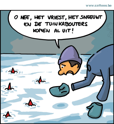 Thema van de cartoon op deze pagina: Het barre lente weer heeft zo zijn gevolg voor de tuinkabouters, klik op de cartoon om naar de volgende te gaan