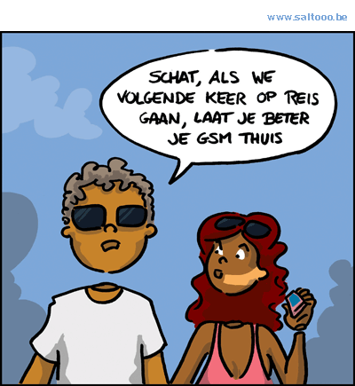 Thema van de cartoon op deze pagina: Zelfs op vakantie neemt de gsm een steeds grotere plaats in, klik op de cartoon om naar de volgende te gaan