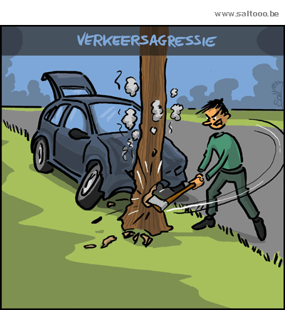 Thema van de cartoon op deze pagina: Verkeersagressie neemt toe en wordt ook steeds drastischer, klik op de cartoon om naar de volgende te gaan