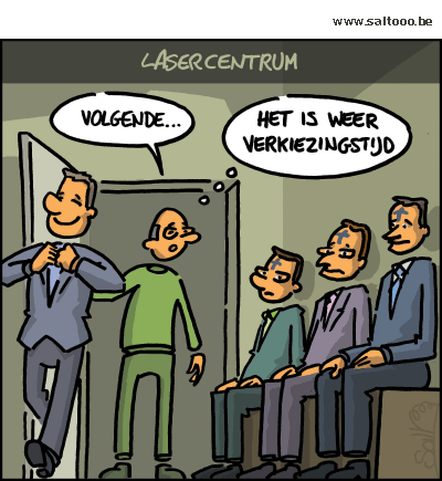 Thema van de cartoon op deze pagina: In volle verkiezingstijd wordt er niet op een leugentje meer of minder gekeken, klik op de cartoon om naar de volgende te gaan