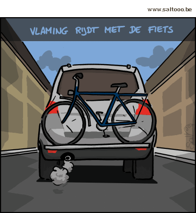 Thema van de cartoon op deze pagina: Als de vlaming dan toch eens met de fiets rijdt, klik op de cartoon om naar de volgende te gaan