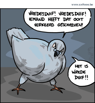 Thema van de cartoon op deze pagina: Het grote misverstand rond de alombekende vredesduif, klik op de cartoon om naar de volgende te gaan