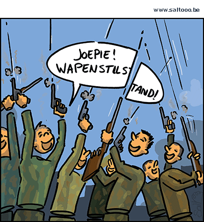 Thema van de cartoon op deze pagina: Wapenstilstand kan je maar beter goed vieren, klik op de cartoon om naar de volgende te gaan