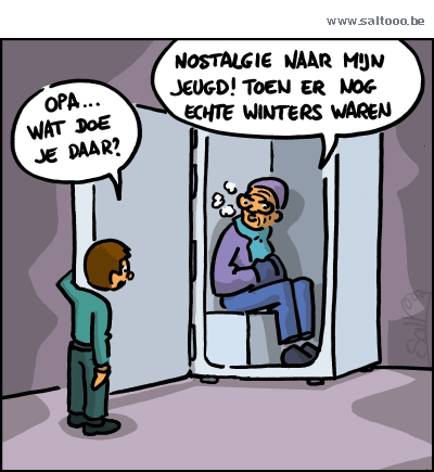 Thema van de cartoon op deze pagina: De winters van vroeger waren volgens ouderen altijd strenger, klik op de cartoon om naar de volgende te gaan