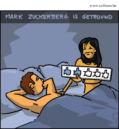 Thema van de cartoon op deze pagina: Mark Zuckerberg is stiekem getrouwd met Priscilla Chan, klik op de cartoon om naar de volgende te gaan
